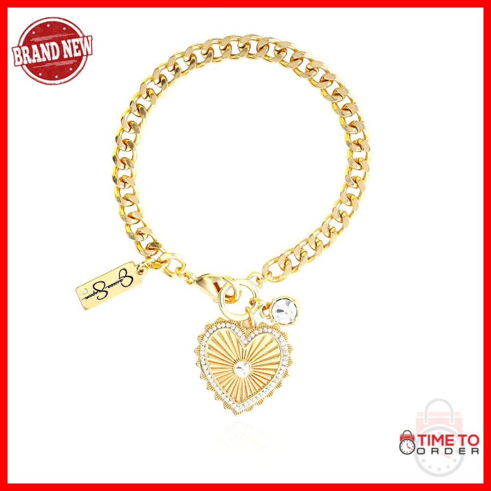 Gold-Tone Charm Bracelet Elegant Classic Heart Rhinestone Accents Lobster Clasp